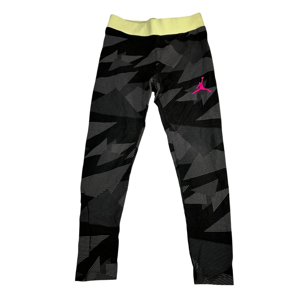 Jordan Girls Black Geometric Graphic Leggings Neon Yellow Waistband Size M 10-12